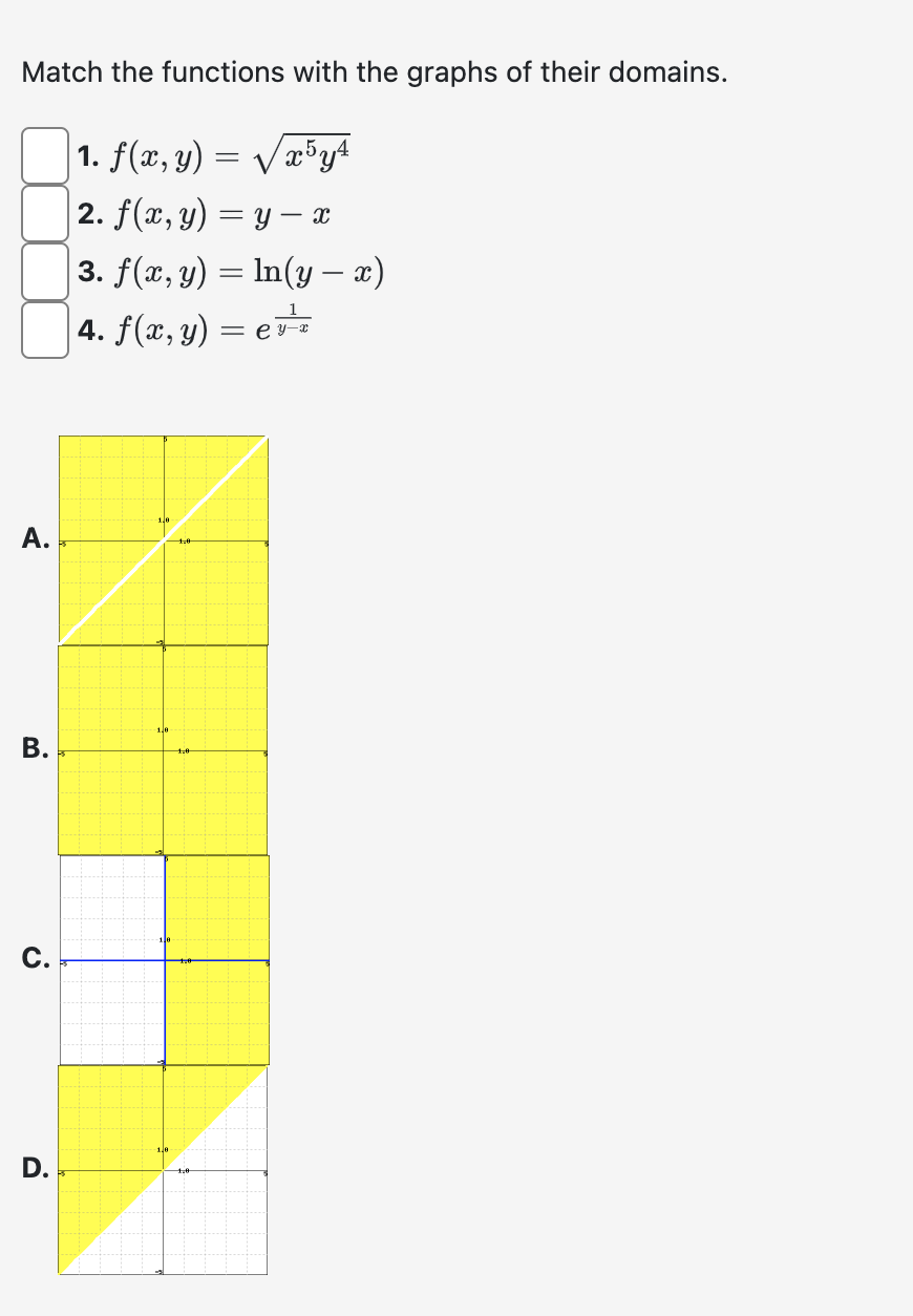 Match the functions with the graphs of their domains. 1. \( f(x, y)=\sqrt{x^{5} y^{4}} \) 2. \( f(x, y)=y-x \) 3. \( f(x, y)=