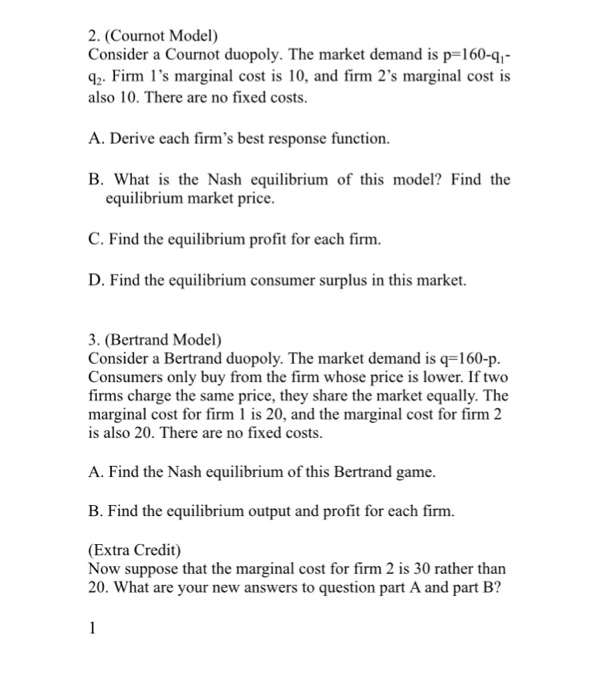 Solved 2. (Cournot Model) Consider A Cournot Duopoly. The | Chegg.com