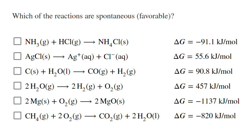 Solved Which of the reactions are spontaneous (favorable)? | Chegg.com