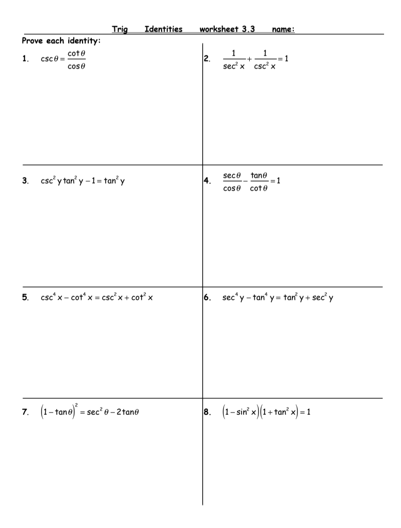 Solved Trig Identities worksheet 22.22 name: Prove each  Chegg.com In Trig Identities Worksheet With Answers