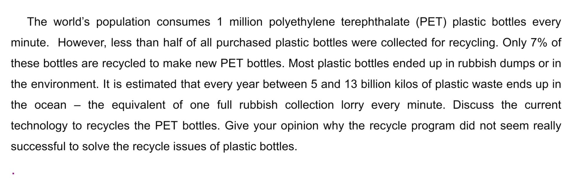 The worlds population consumes 1 million polyethylene terephthalate (PET) plastic bottles every minute. However, less than h