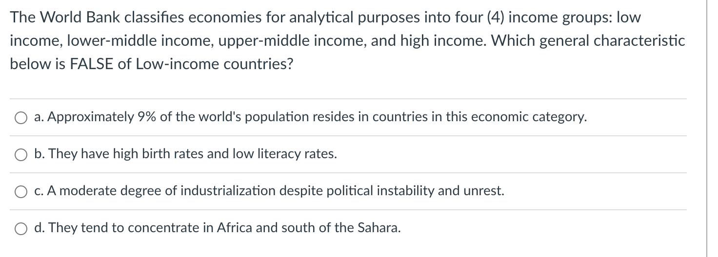 Solved The World Bank classifies economies for analytical | Chegg.com
