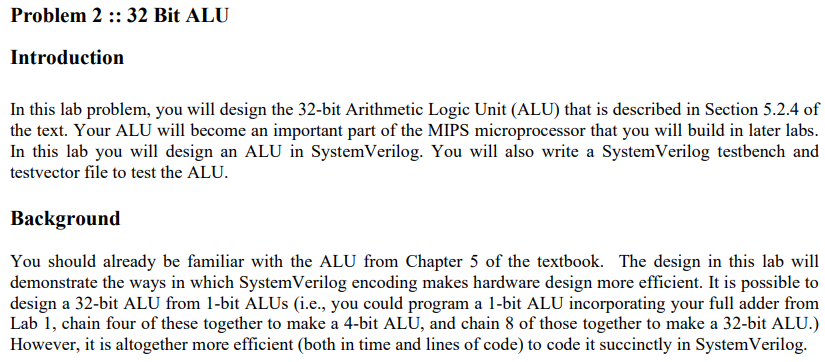 Solved Problem 2 :: 32 Bit ALU Introduction In this lab | Chegg.com