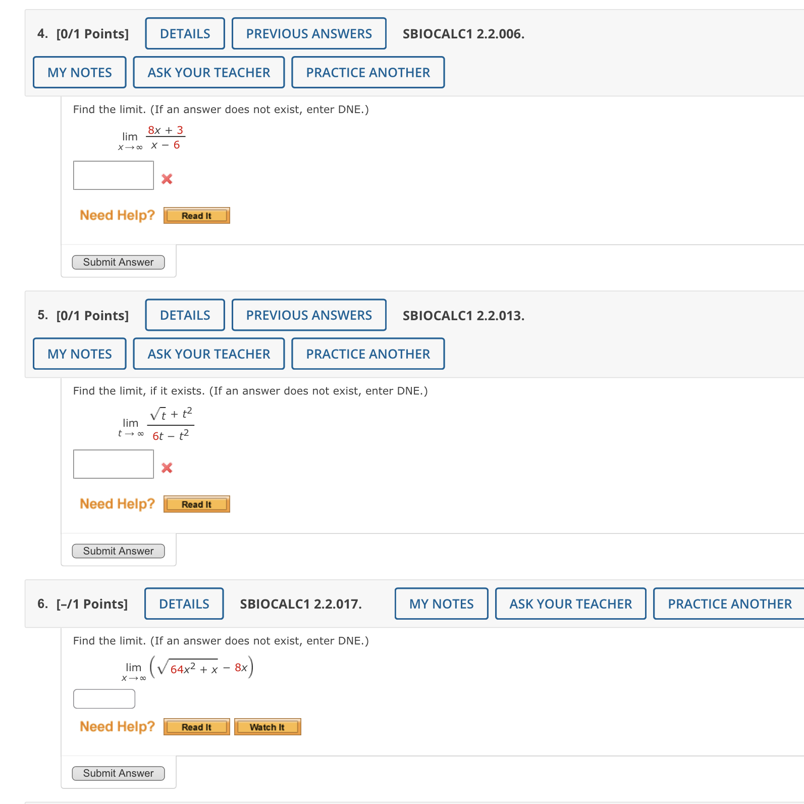 Solved [0/1 Points]\\nSBIOCALC1 2.2.006.\\nFind the limit. | Chegg.com