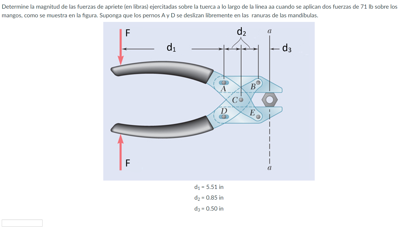 Determine la magnitud de las fuerzas de apriete (en libras) ejercitadas sobre la tuerca a lo largo de la línea aa cuando se a