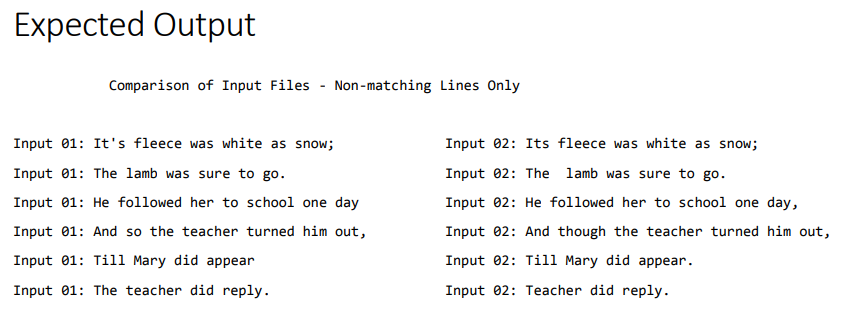 Expected Output Comparison of Input Files Non-matching Lines Only Input 01: Its fleece was white as snow; Input 02: Its flee