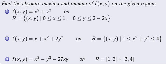 Find the absolute maxima and minima of \( f(x, y) \) on the given regions \[ \begin{array}{l} f(x, y)=x^{2}+y^{2} \quad \text