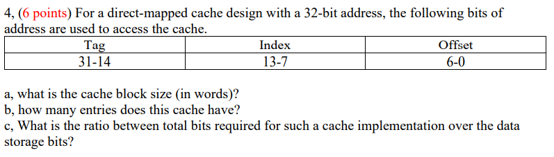 Solved 4, (6 points) For a direct-mapped cache design with a | Chegg.com