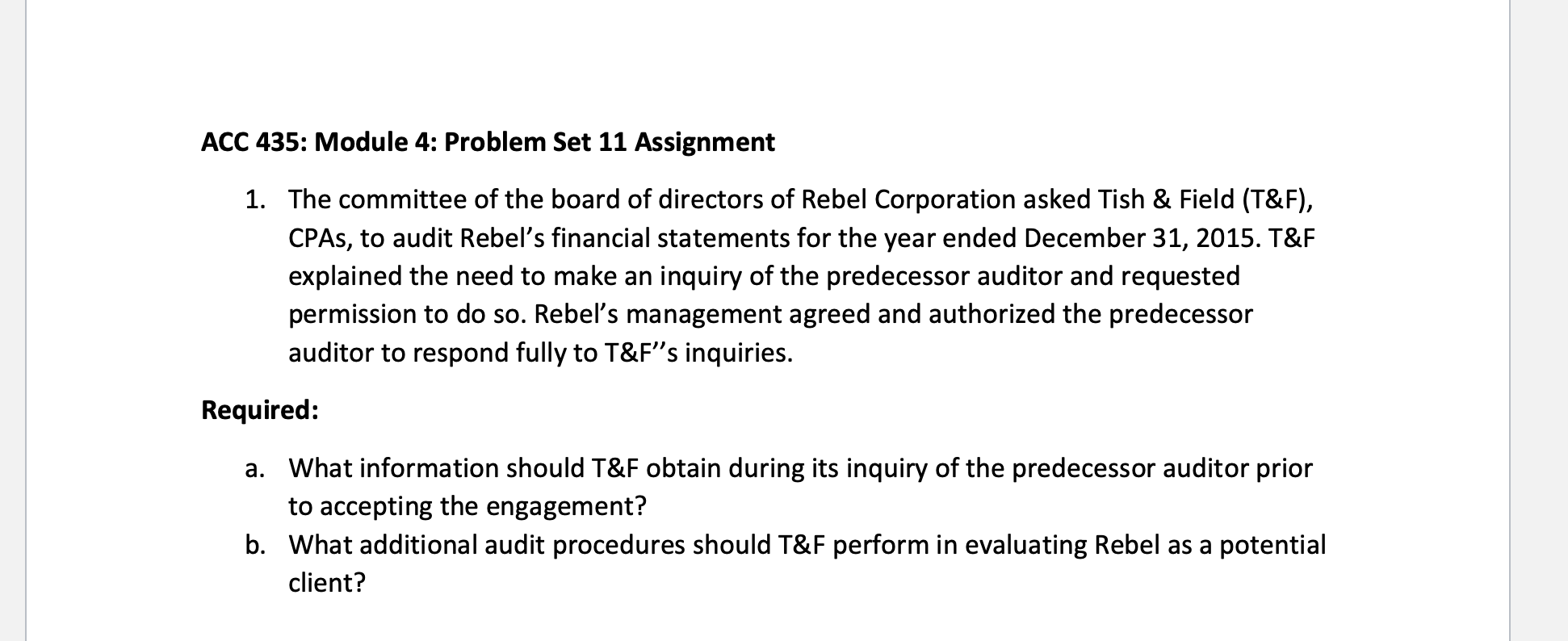 Solved ACC 435: Module 4: Problem Set 11 Assignment 1. The | Chegg.com