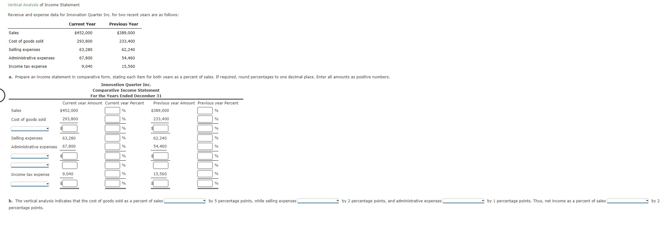 Solved Vertical Analysis of Income Statement Revenue and | Chegg.com