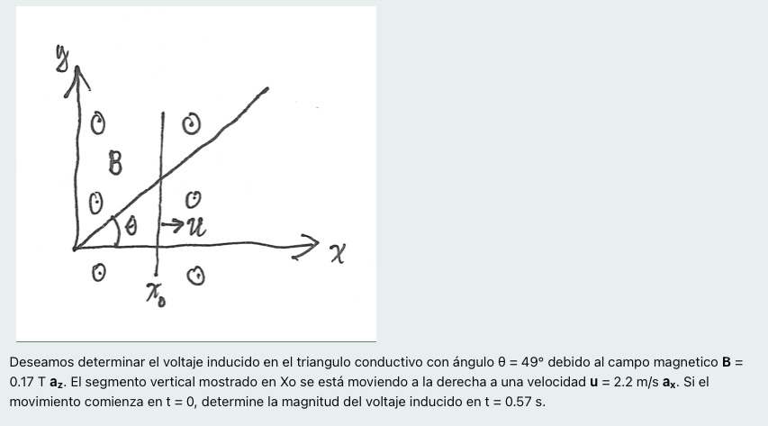 В Hu >x Xo Deseamos determinar el voltaje inducido en el triangulo conductivo con ángulo e = 49° debido al campo magnetico B