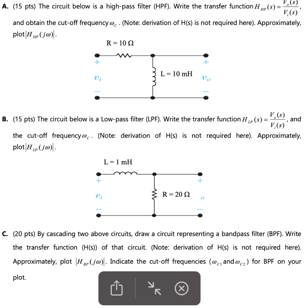 Solved 1 A. (15 pts) The circuit below is a high-pass filter | Chegg.com