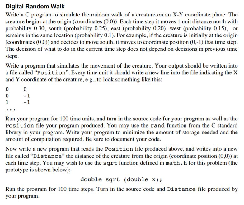 Solved Digital Random Walk Write a C program to simulate the | Chegg.com