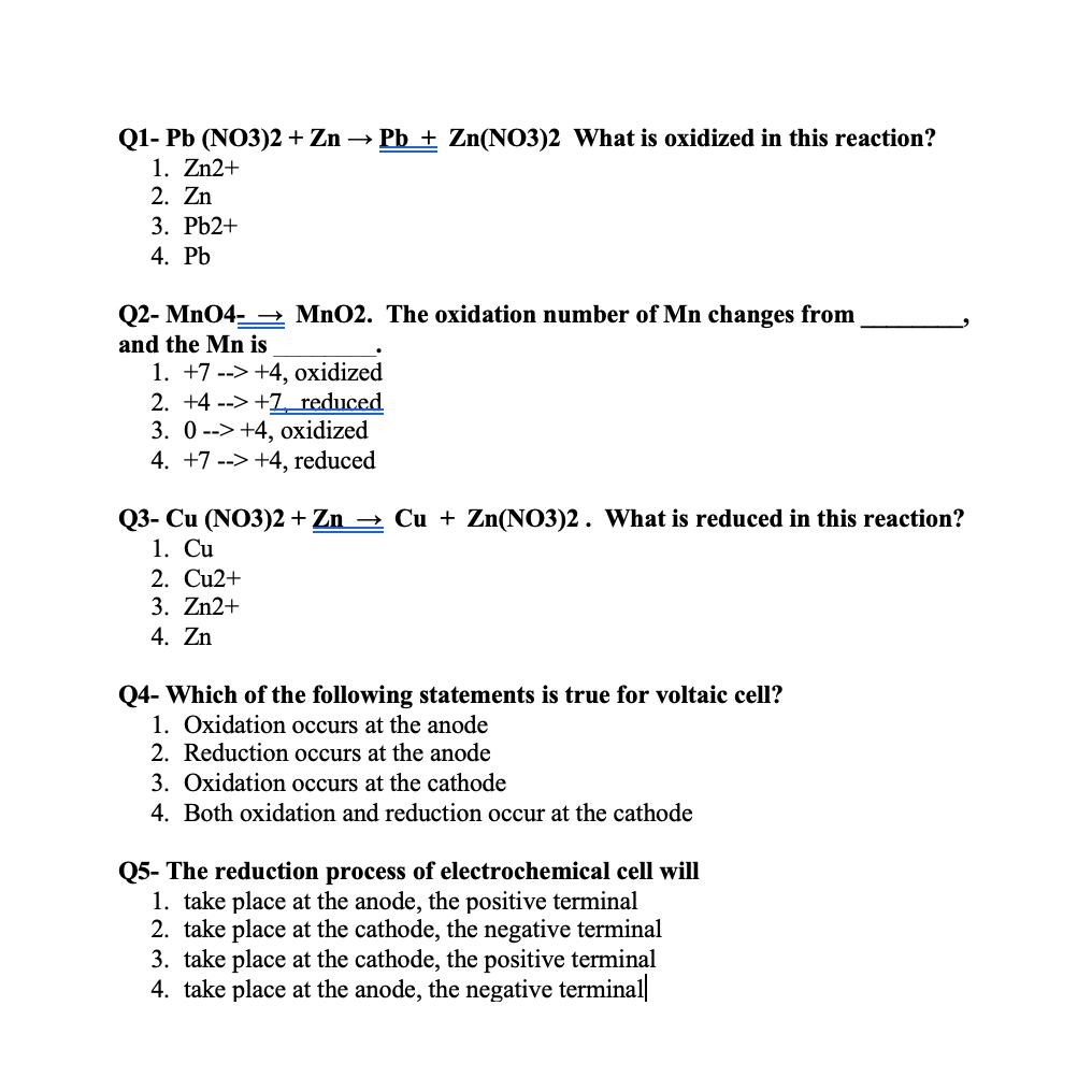 zn pb no3 2 oxidation numbers