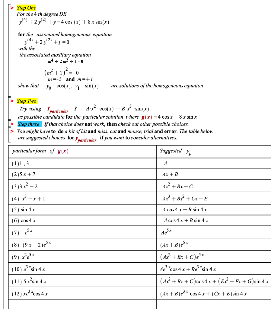 Solved Step One For The 4 Th Degree De Y 4 2 Y 2 Chegg Com