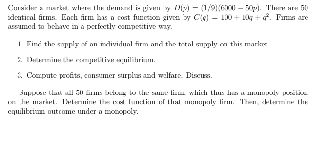 Solved Consider a market where the demand is given by D(p) | Chegg.com