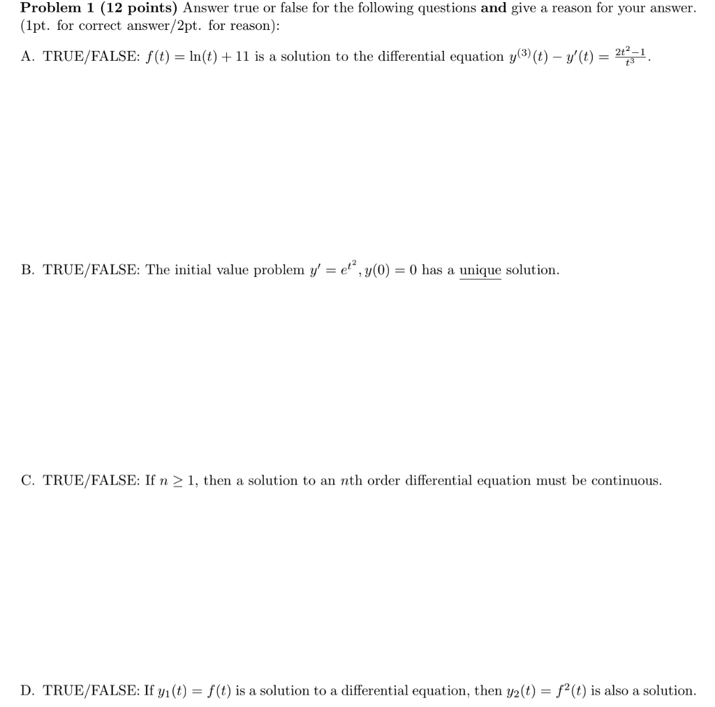 Solved Problem 1 (12 points) Answer true or false for the | Chegg.com