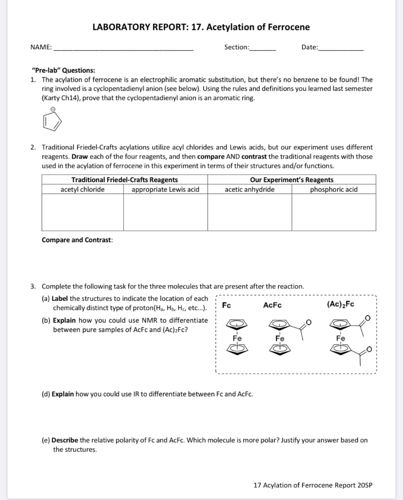 Solved LABORATORY REPORT: 17. Acetylation of Ferrocene NAME: | Chegg.com