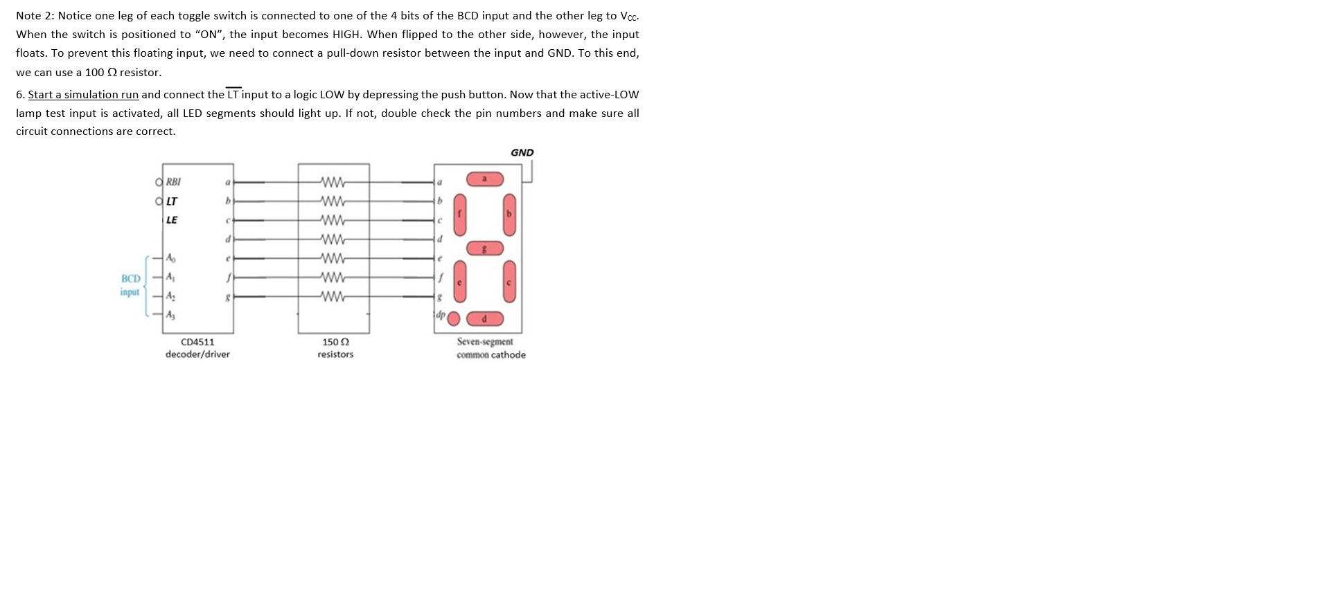 5. Connect the decoder, resistors and 7segment