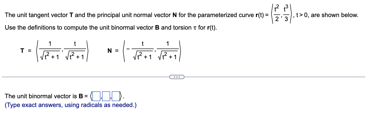 The unit tangent vector \( \mathbf{T} \) and the principal unit normal vector \( \mathbf{N} \) for the parameterized curve \(