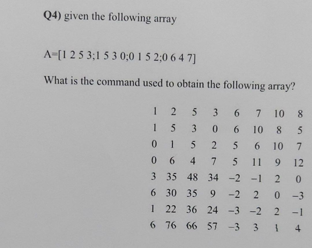 (4) Given The Following Array A=[1 2 5 3;1 5 3 0;0 1 | Chegg.com