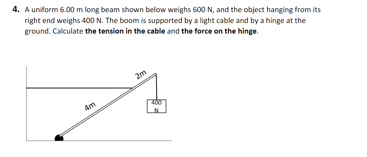 Solved 4. A uniform 6.00 m long beam shown below weighs 600 | Chegg.com