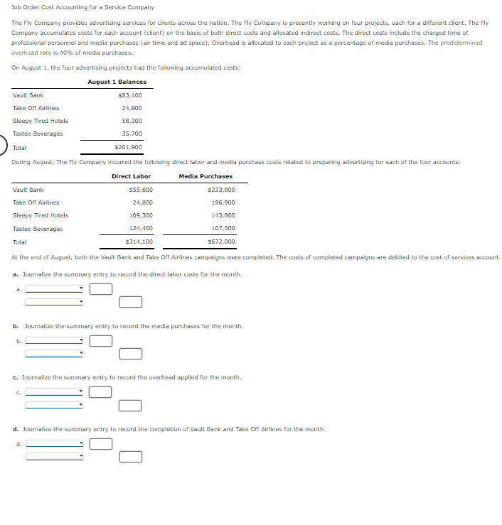 Solved Job Order Cost Accounting for a Service Company a The | Chegg.com