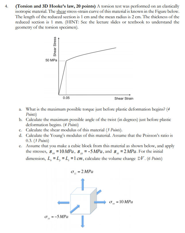 Solved 4. (Torsion and 3D Hooke's law, 20 points) A torsion