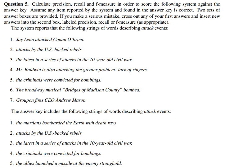 Question 5. Calculate precision, recall and f-measure | Chegg.com