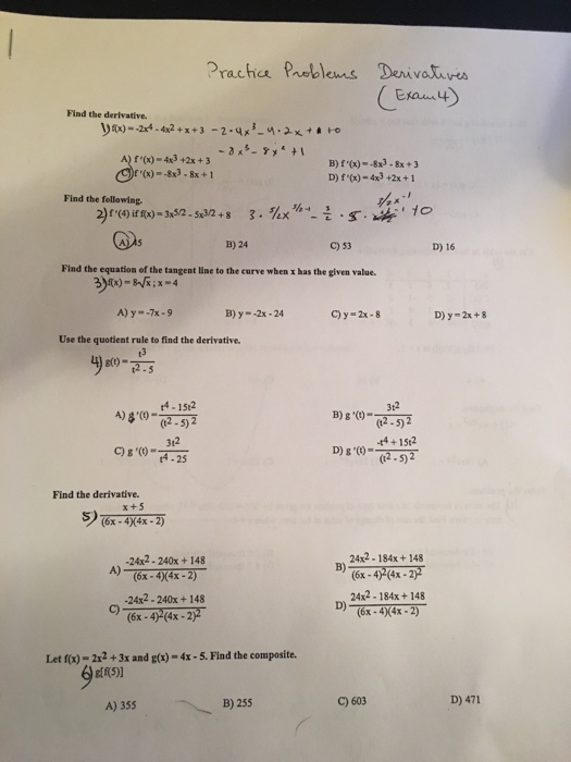 Solved Find The Derivative. F (x) = -2x^4 - 4x^2 + X+ 3 