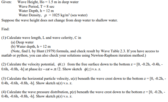 Solved Given Wave Height Ho 1 5 M In Deep Water Wave Chegg Com