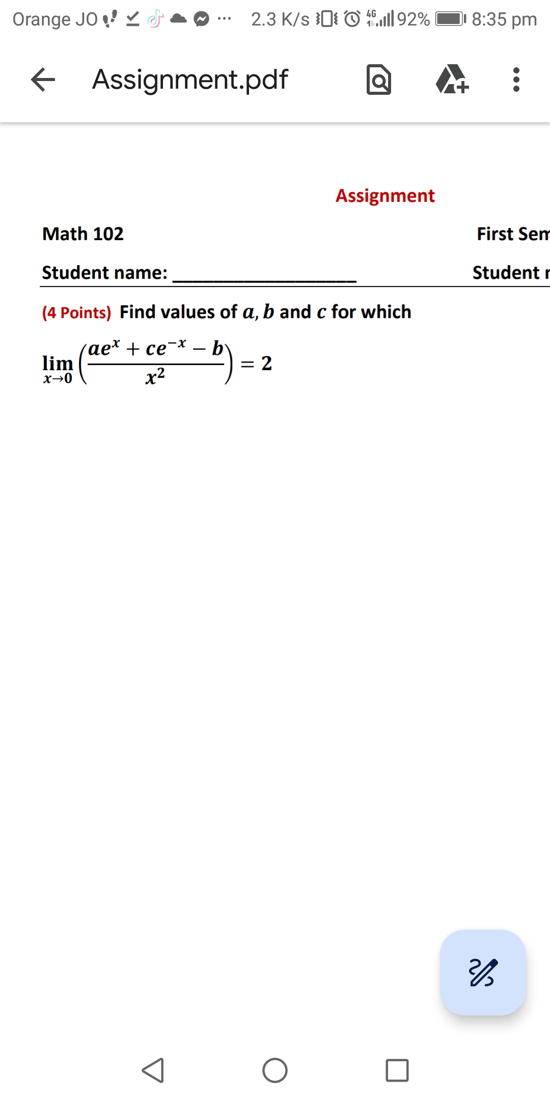 Solved ← Assignment.pdf Assignment Math 102 First Se Student | Chegg.com