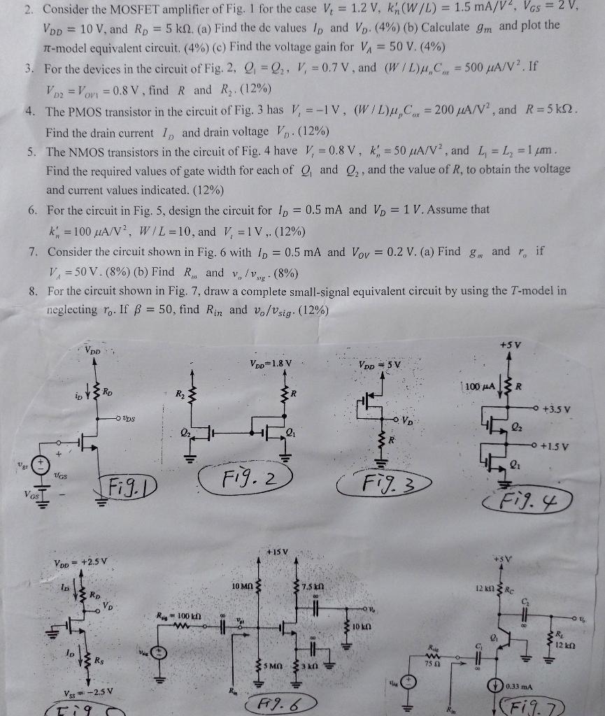 Solved 2. Consider the MOSFET amplifier of Fig. 1 for the | Chegg.com