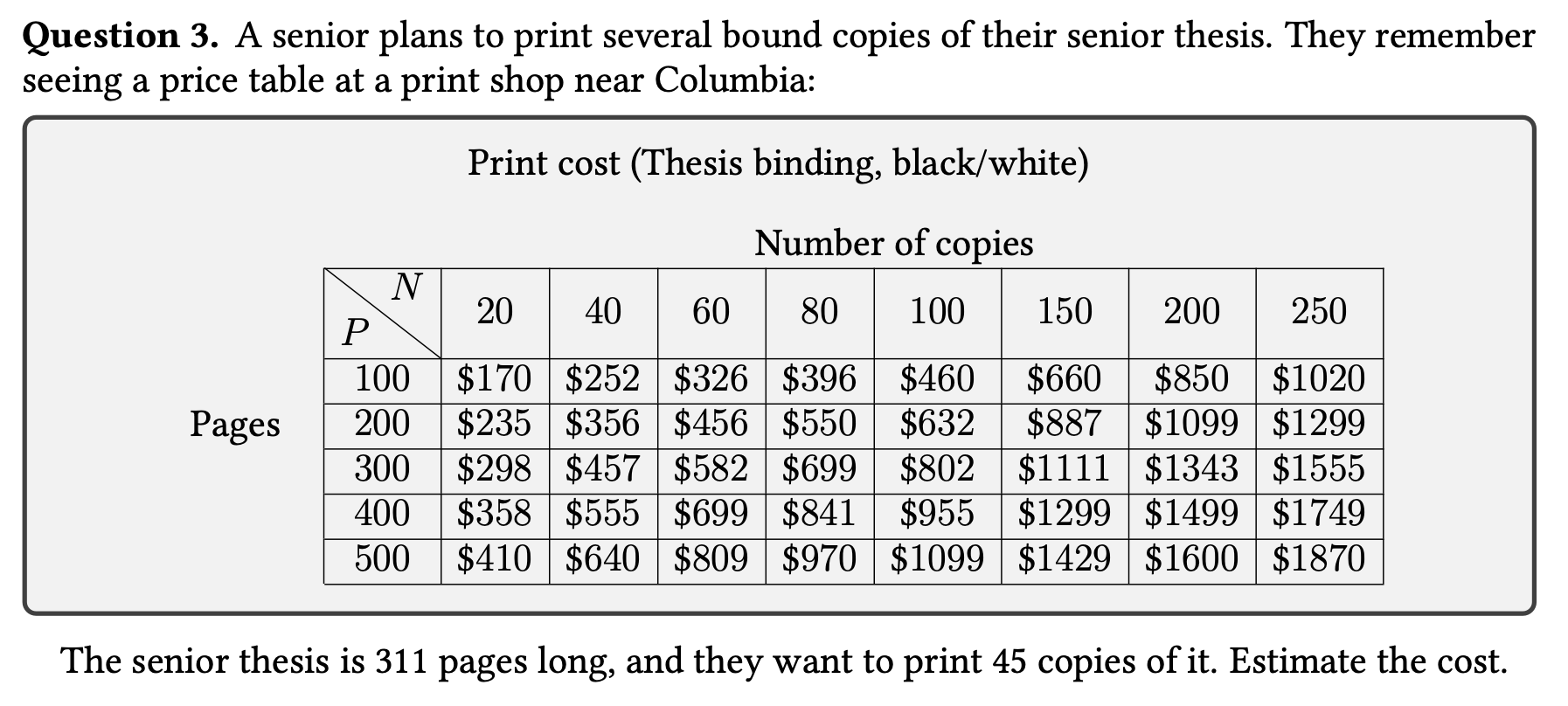 Question 3. A senior plans to print several bound copies of their senior thesis. They remember seeing a price table at a prin