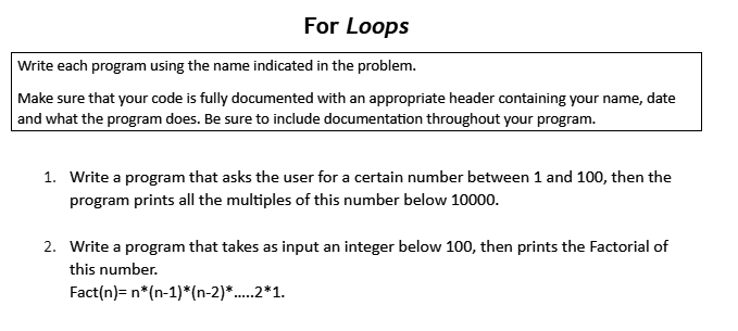 Solved For Loops Write each program using the name indicated | Chegg.com