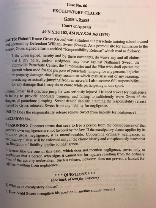 Solved Case No. 66 EXCULPATORY CLAUSE Gross V. Sweet Court | Chegg.com