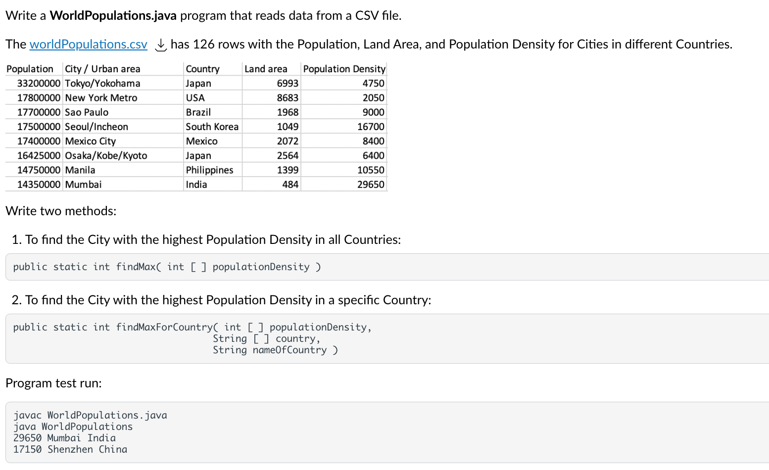 Solved Write a WorldPopulations.java program that reads data | Chegg.com