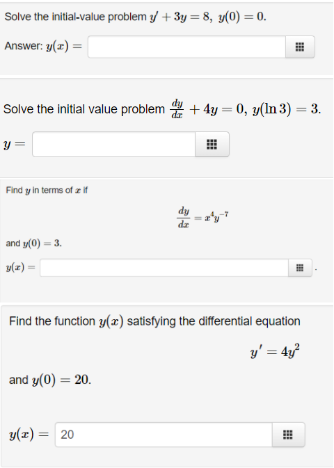 Solved Solve the initial-value problem y + 3y = 8, y(0) = 0. | Chegg.com