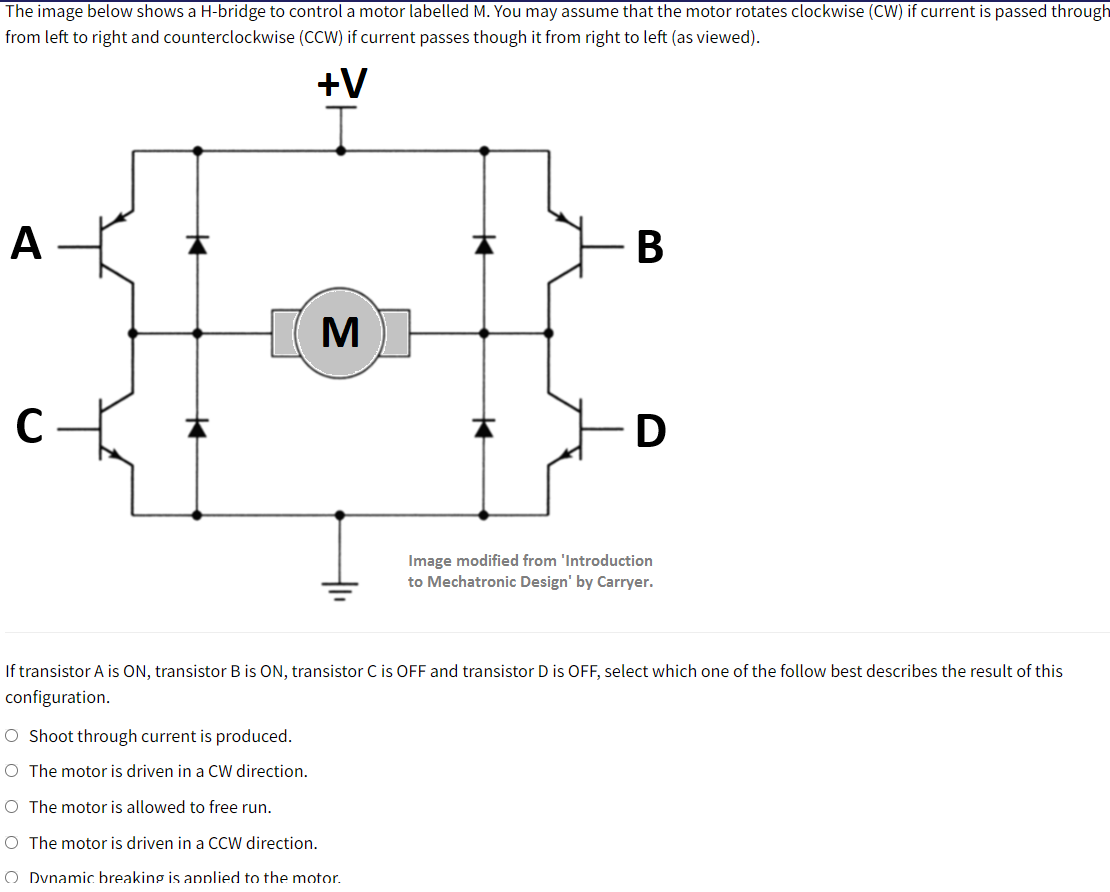 Solved The image below shows a H-bridge to control a motor | Chegg.com