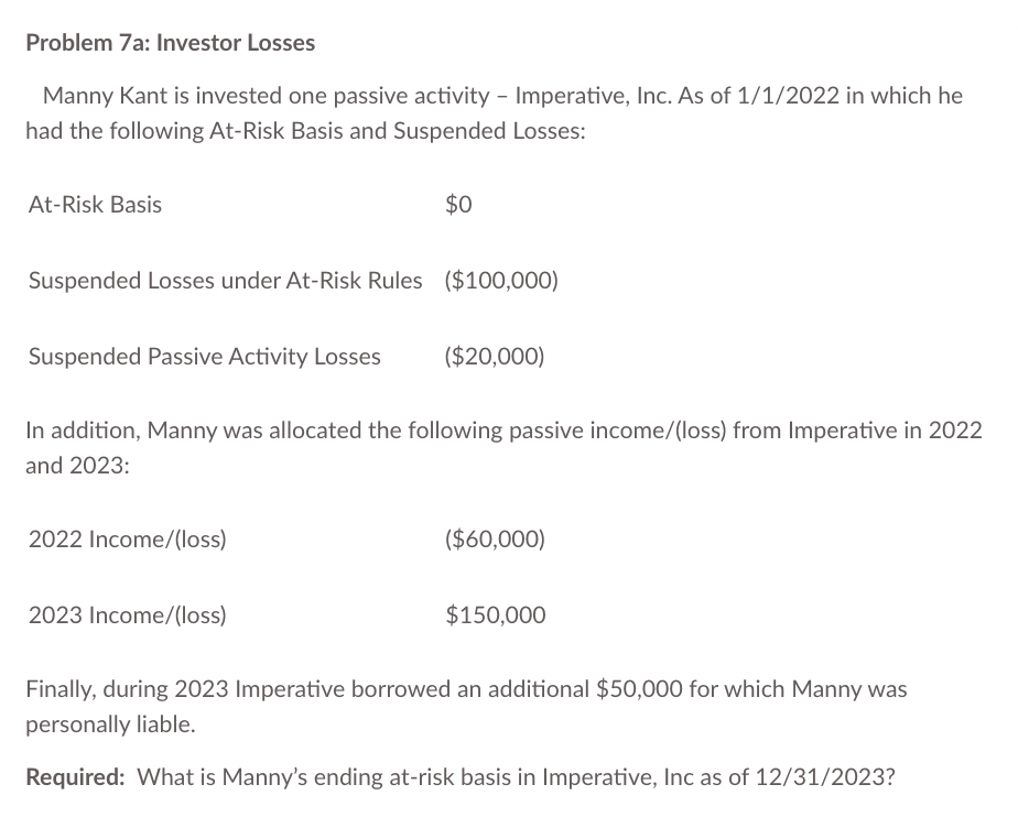 Solved Problem 7a: Investor Losses Manny Kant is invested | Chegg.com