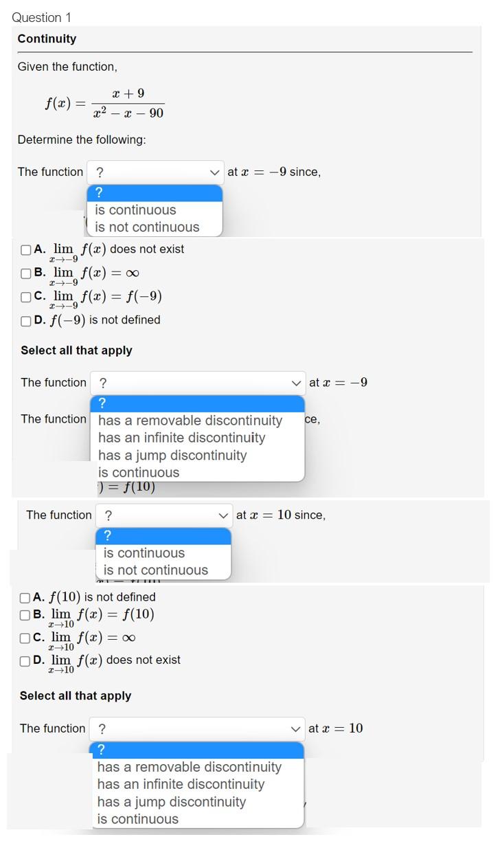 Solved Question 1 Continuity Given the function, f(x) x + 9 | Chegg.com