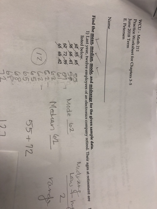 Solved WCU- Math 211 Practice Worksheet for Chapters 3-5 | Chegg.com