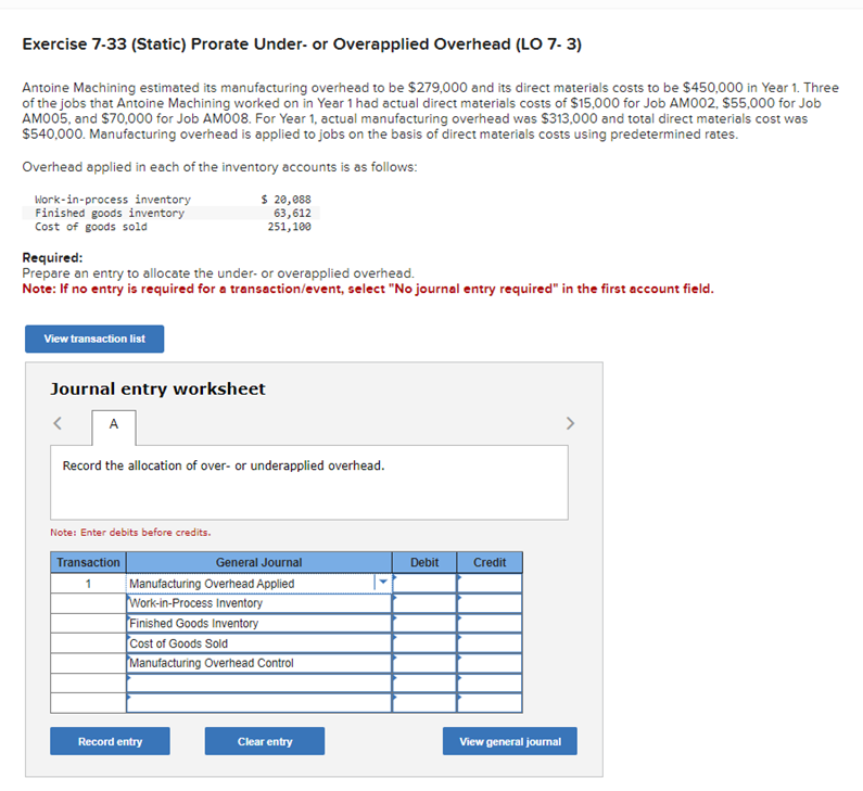 Solved Exercise 733 (Static) Prorate Under or Overapplied