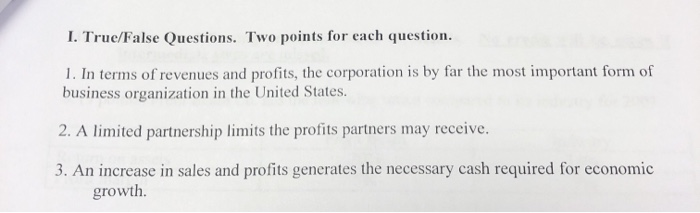 Solved I Truc False Questions Two Points For Each Chegg Com