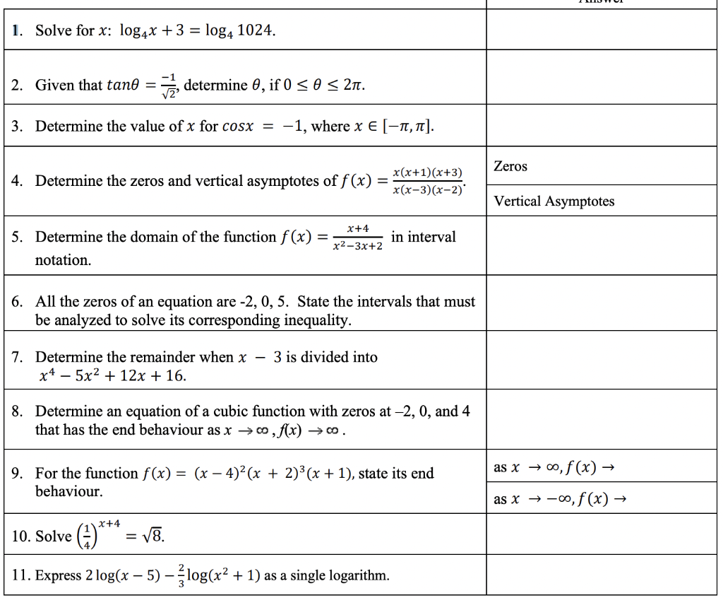 Solved 1. Solve for x: log4x +3 = log4 1024. 2. Given that | Chegg.com