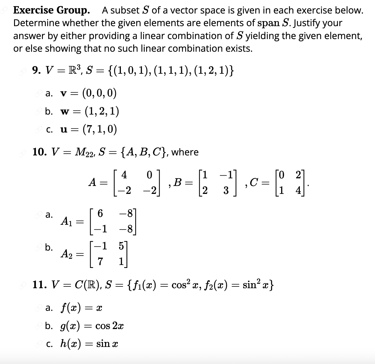 Solved Exercise Group. A subset S of a vector space is given | Chegg.com