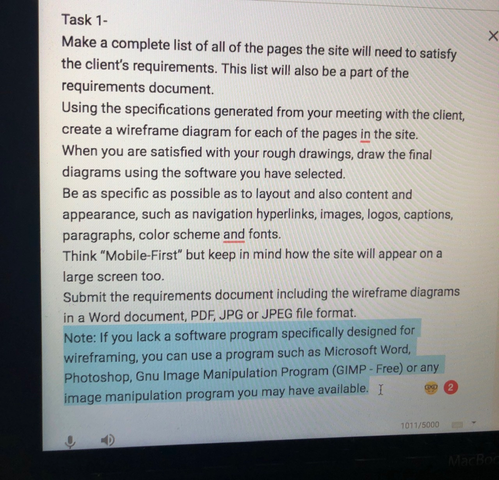 Task 1- Make a complete list of all of the pages the site will need to satisfy the clients requirements. This list will also