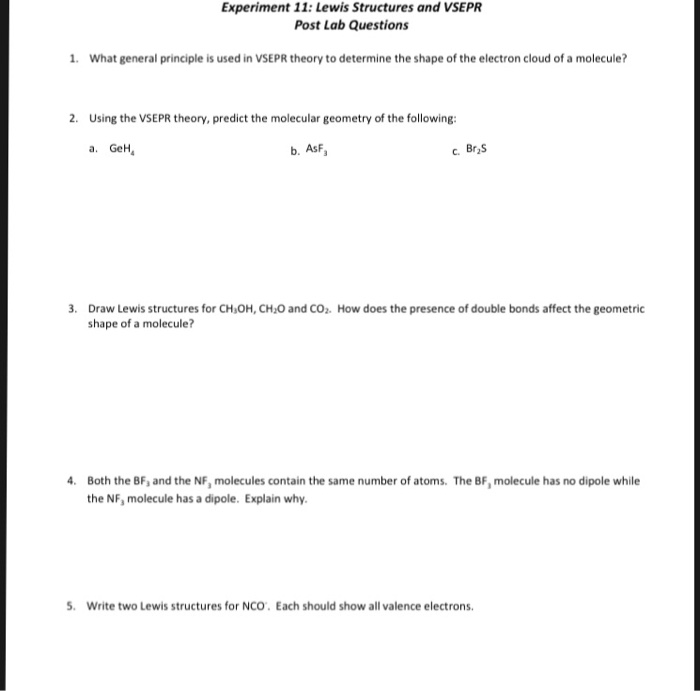 Solved Experiment 11: Lewis Structures and VSEPR Post Lab | Chegg.com