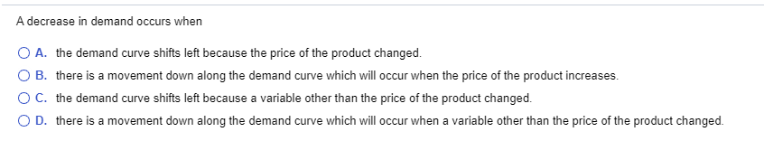 Solved A decrease in demand occurs when O A. the demand | Chegg.com