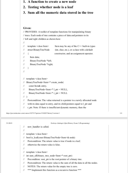 Solved 1. A function to create a new node 2. Testing whether | Chegg.com